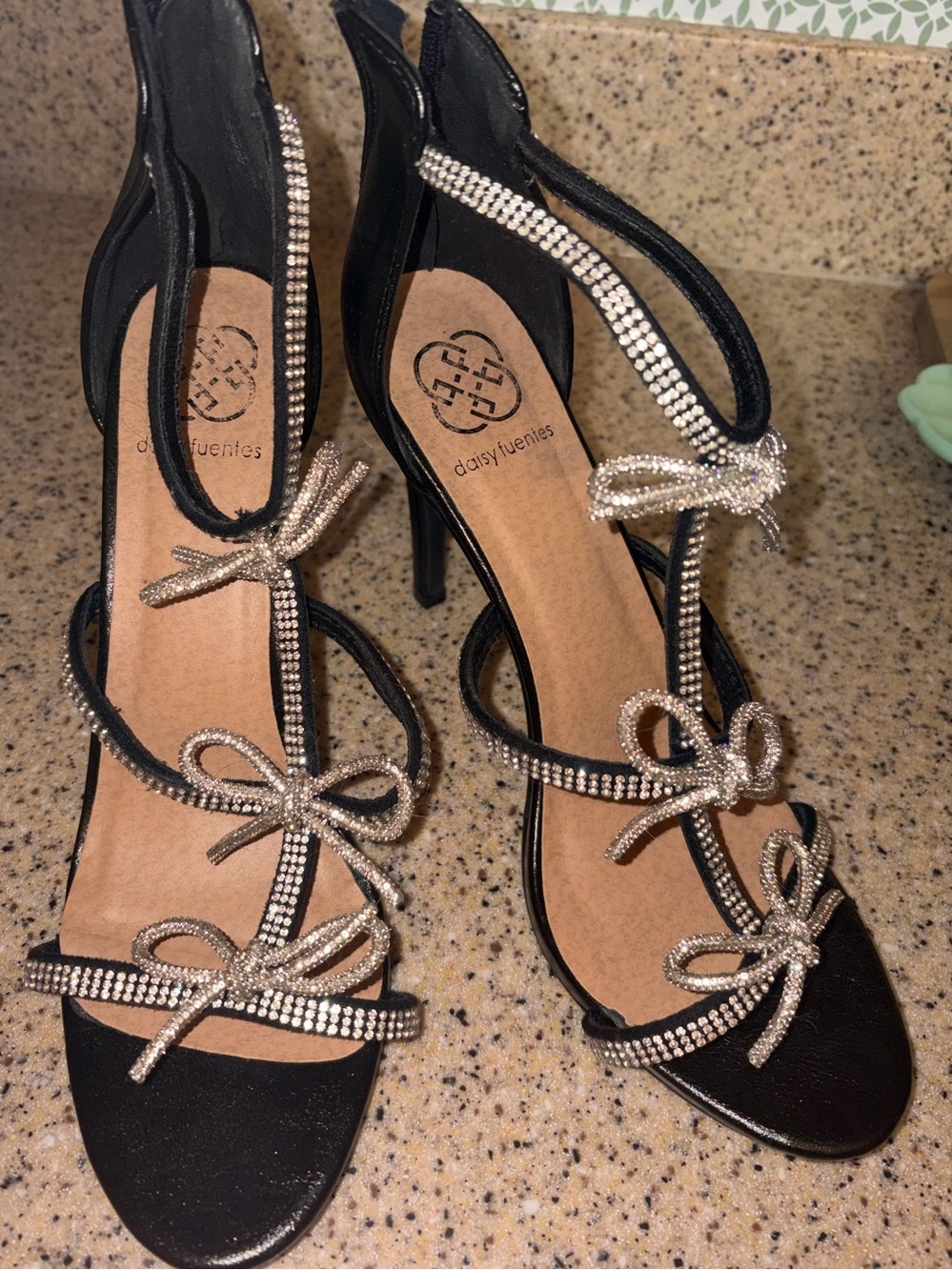 Daisy Fuentes Black Rhinestone Bow Strappy Stiletto Sandals